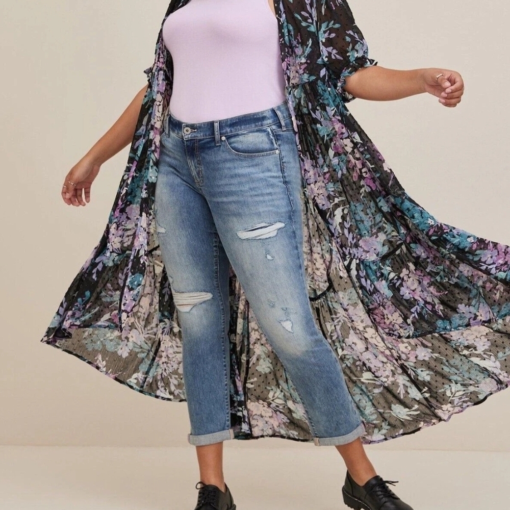 Torrid Ruffle Kimono Chiffon Clip Dot Floral Black Top 3X - Picture 3 of 16